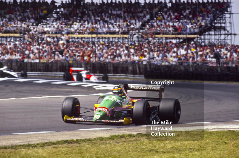 Thierry Boutsen, Benetton B187, at Copse Corner heading for 7th place, British Grand Prix, Silverstone, 1987
