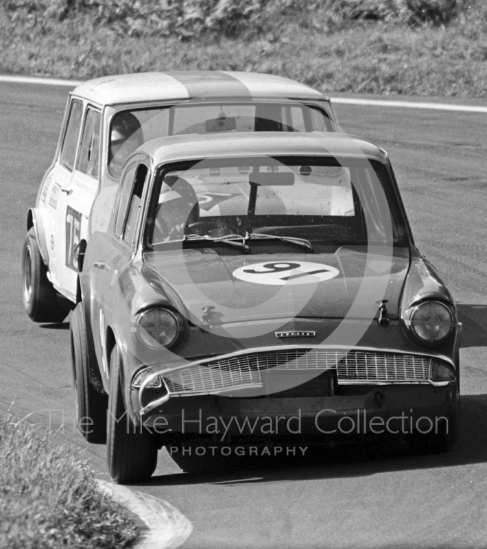 Dave Pearson, Ford Lotus Anglia and Davy Muter, Mini Cooper S, Special Saloon Car Race, Peco Trophy meeting, Oulton Park, 1968
