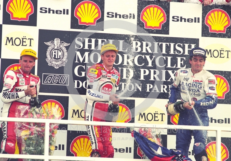 Race winner Kevin Schwantz, runner up Wayne Rainey and in third place Mick Doohan, Donington Park, British Grand Prix 1991.