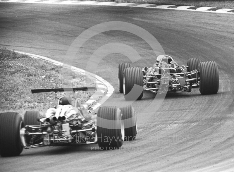 Jacky Ickx, Ferrari 312 V12 0009, brings up the rear at South Bank Bend, Brands Hatch, 1968 British Grand Prix.
