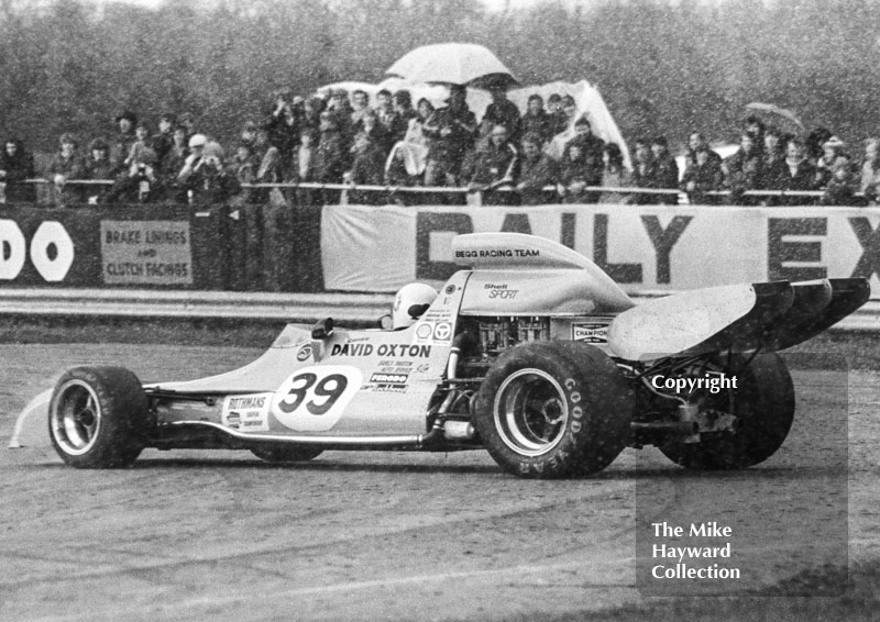 David Oxton, F5000 Begg Chevrolet FM5, spins in the snow at Silverstone, International Trophy 1973.
