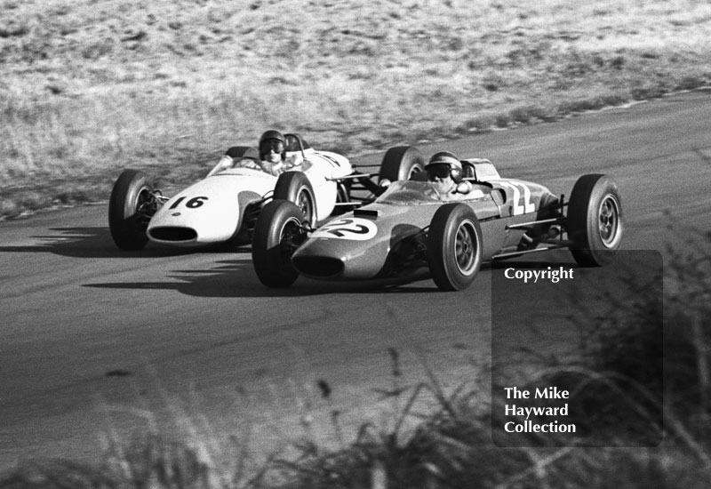 Paul Hawkins, Willment Lola T55, and David Prophet, Repco Brabham BT10, Oulton Park Gold Cup meeting, 1964.
