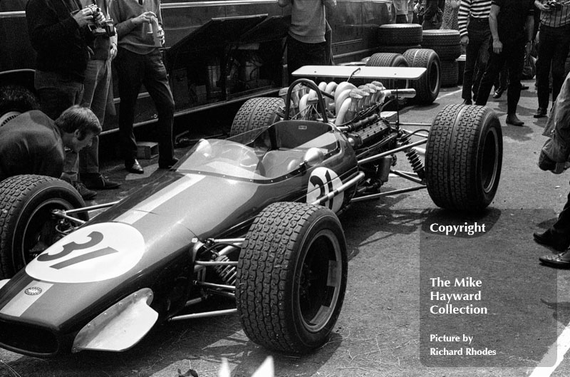 Jochen Rindt's Repco Brabham BT24 in the paddock for 3rd practice, 1968 British Grand Prix, Brands Hatch.<br />
<br />
<em>Picture by Richard Rhodes</em>
