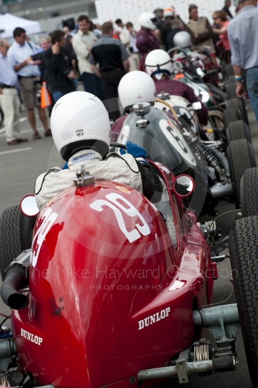 Annie Templeton's MG KN Special in the queue for the HGPCA race for Front Engine Grand Prix cars at the  Silverstone Classic 2010