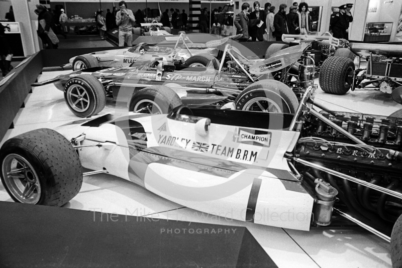 Yardley BRM P153, March 701 and McLaren M14A F1 cars at the International Racing Car Show, Olympia, 1971.