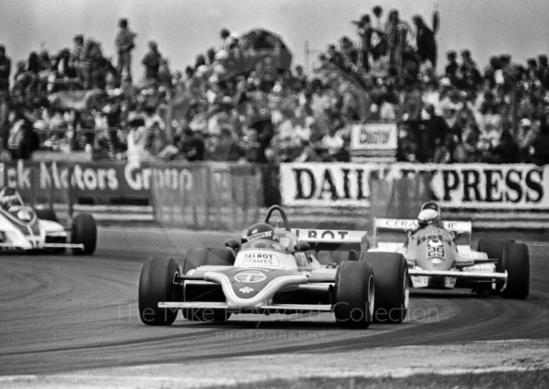 Jacques Laffite, Talbot Ligier JS17, heading for 3rd place, followed by Riccardo Patrese, Arrows A3, Silverstone, British Grand Prix 1981.
