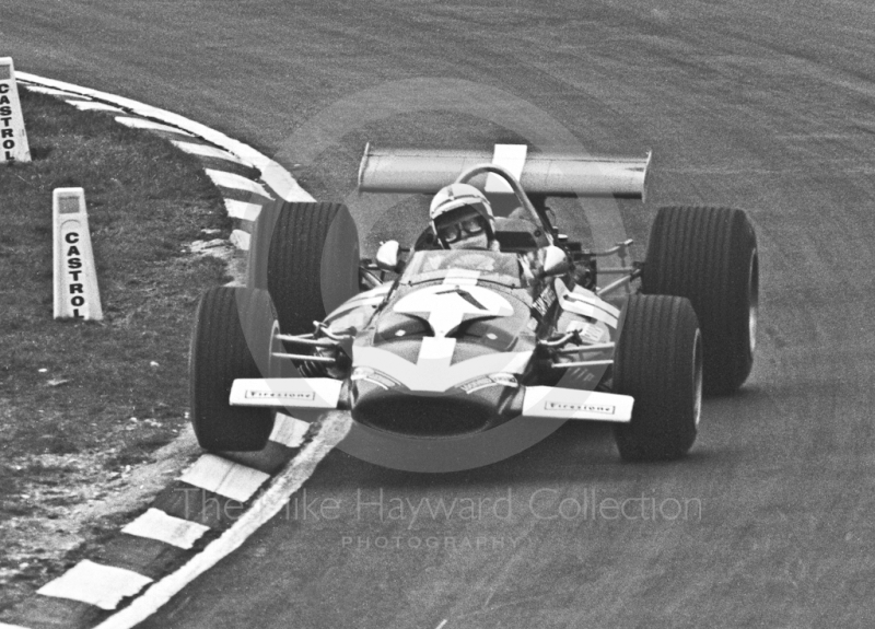 John Surtees lifts a wheel at Paddock Bend, McLaren M7C, Formula One Race of Champions, Brands Hatch, 1970