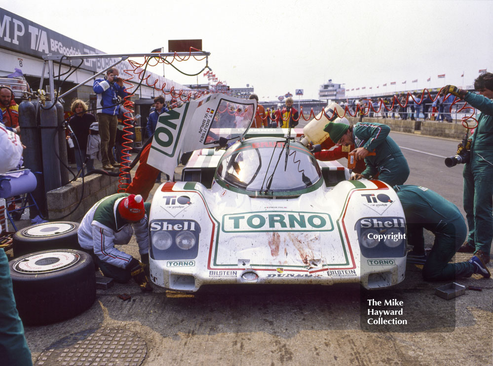 Walter Brunn/Thierry Boutsen, Porsche 956, showing signs of an encounter with one of Silverstone's resident hares, World Endurance Championship, 1985&nbsp;Grand Prix International 1000km meeting.
