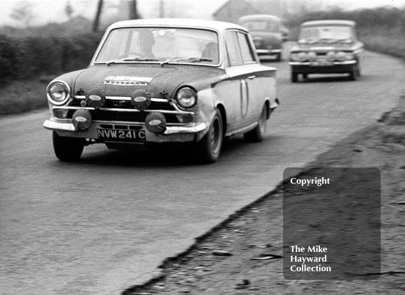 Jim Clark/Brian Melia, between stages in Shropshire, Mk 1 Lotus Cortina, NVW 241C, RAC Rally, 1966