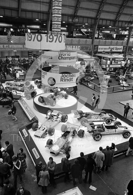 An overall view of the International Racing Car Show at Olympia in 1971, with Jocken Rindt's championship-winning Lotus 72 taking centre stage.