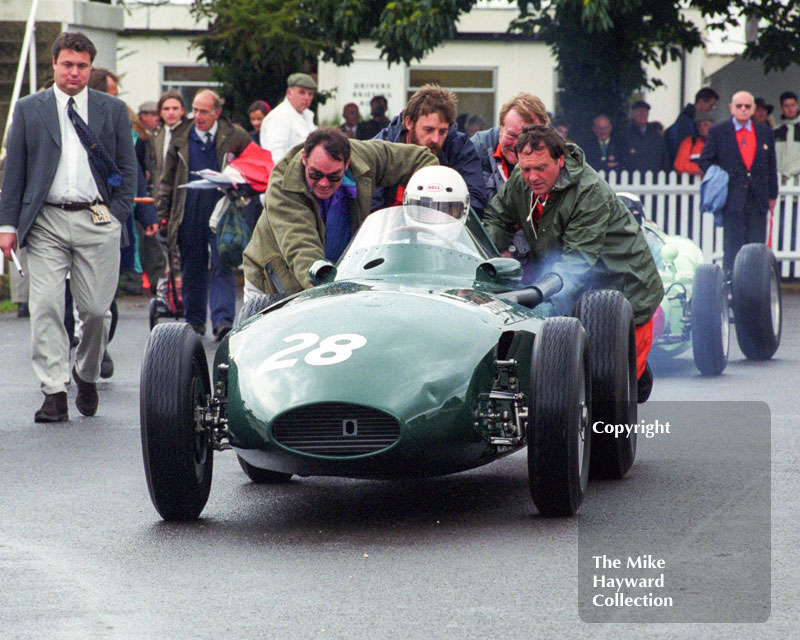 Rob Hall, Donington Collection Vanwall, gets a push out of the paddock for the Richmond and Gordon Trophies, Goodwood Revival, 1999.
