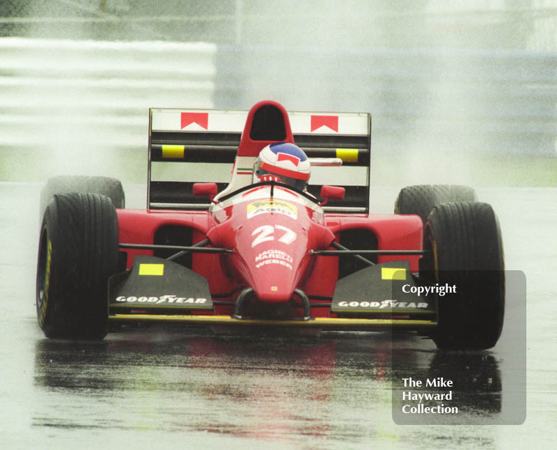 Jean Alesi, Ferrari F93A, seen during wet qualifying at Silverstone for the 1993 British Grand Prix.
