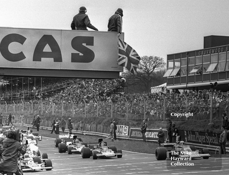 Jody Scheckter, Tyrrell 007, Jacky Ickx, JPS Lotus 72, and Tom Pryce, Shadow DN5, Brands Hatch, Race of Champions 1975.
