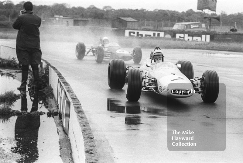 Alan Rollinson, Brabham BT21B, followed by Graham Coaker, Brabham BT21B, F3 race, Martini International meeting, Silverstone 1969.
