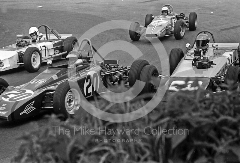 Jeremy Gambs (20), Lotus 61M, Paul Ellis (17), U2 Mk 9, Stephen Russell, (6), Mallock U2 Mk 9b,&nbsp;Mark Litchfield (8), Crossle 20F, Formula Ford, Mallory Park, May, 1971
