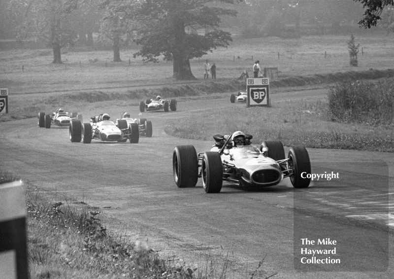 Frank Gardner, Repco Brabham BT19, aproaches Esso Bend in the Oulton Park Gold Cup, 1967.