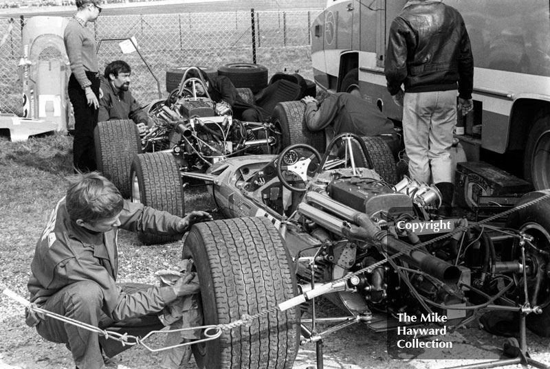 Matra MS7s of Jean-Pierre Beltoise and Henri Pescarolo in the paddock, Thruxton, Easter Monday 1968.
