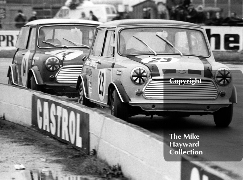 Steve Neal, Britax Cooper Downton Mini Cooper S, and John Rhodes, British Leyland Mini Cooper S, Silverstone International Trophy meeting 1969.
