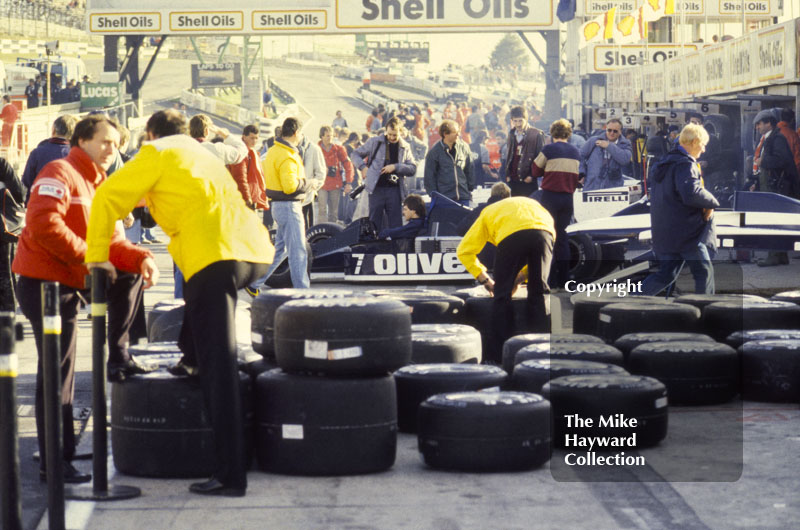 Goodyear tyres in the Renault pit, Brands Hatch, 1985 European Grand Prix.
