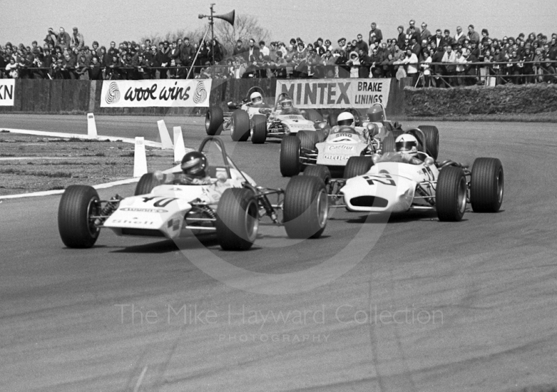 Sigi Hoffman, Lotus 69, and Peter Hull, Brabham BT28 and Tim Goss, March 713M,&nbsp;GKN Forgings Trophy, International Trophy meeting, Silverstone, 1971.
