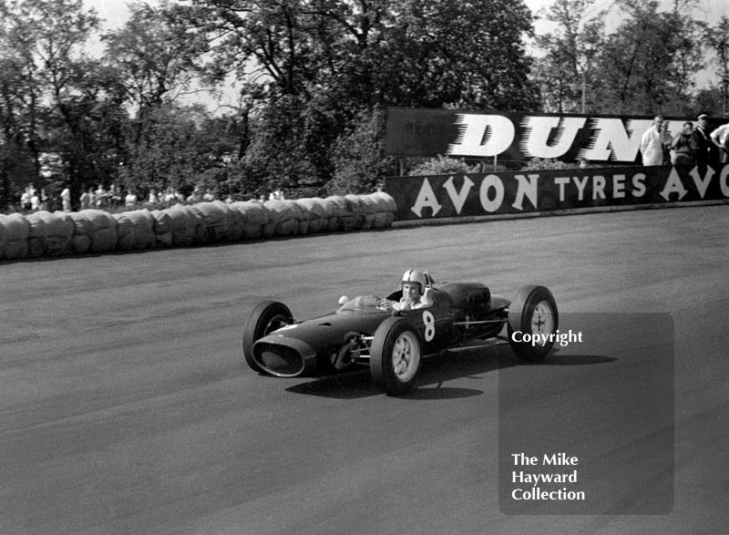 Chris Amon, Reg Parnell Lola Climax 2.7, after winning the Midlands Trophy Race for Formula Libre and sports cars, BRSCC National Meeting, Mallory Park, 1963.
