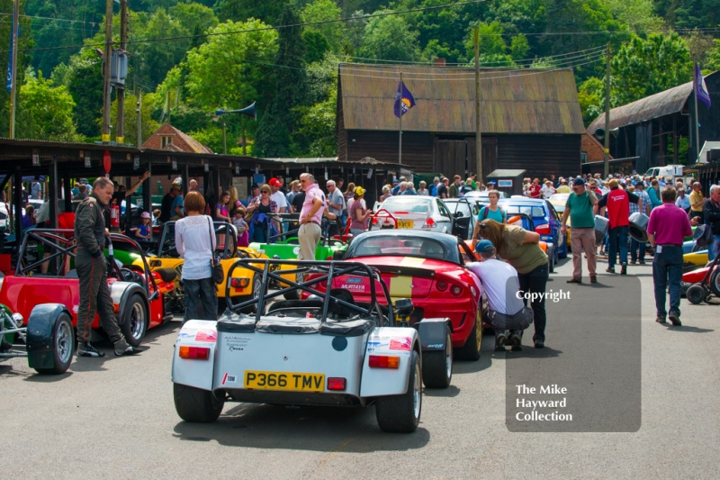 Cars line up in the paddock, Shelsley Walsh Hill Climb, June 1st 2014. 