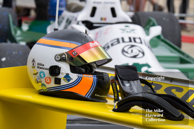 Ollie Hancock's helmet on his Fittipaldi F5A, FIA Masters Historic Formula 1, 2016 Silverstone Classic.
