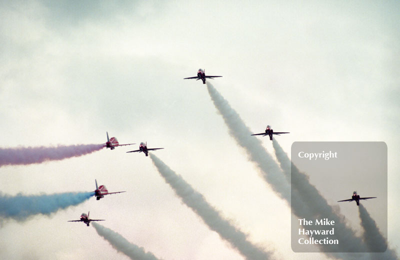 The Red Arrows give their pre-race display, Silverstone, British Grand Prix 1996.
