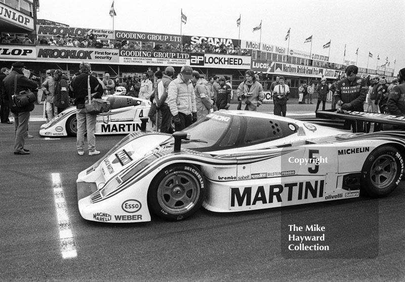 Martini Racing Lancia LC2s of Mauro Baldi/Bob Wollek (number 5) and Riccardo Patrese/Alessandro Nannini, World Endurance Championship, 1985&nbsp;Grand Prix International 1000km meeting, Silverstone.
