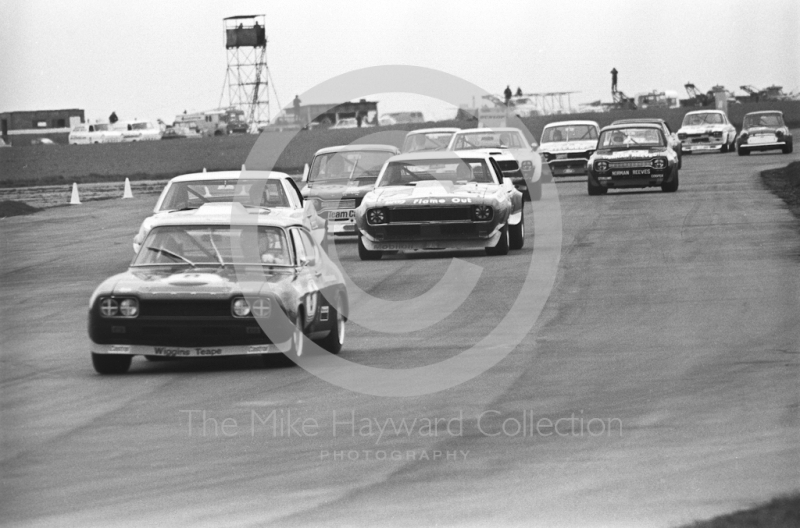 Brian Muir, Wiggins Teape Ford Capri V6, leads into Becketts Corner, followed by Martin Thomas, Chevrolet Camaro Z28, Silverstone International Trophy meeting 1972.
