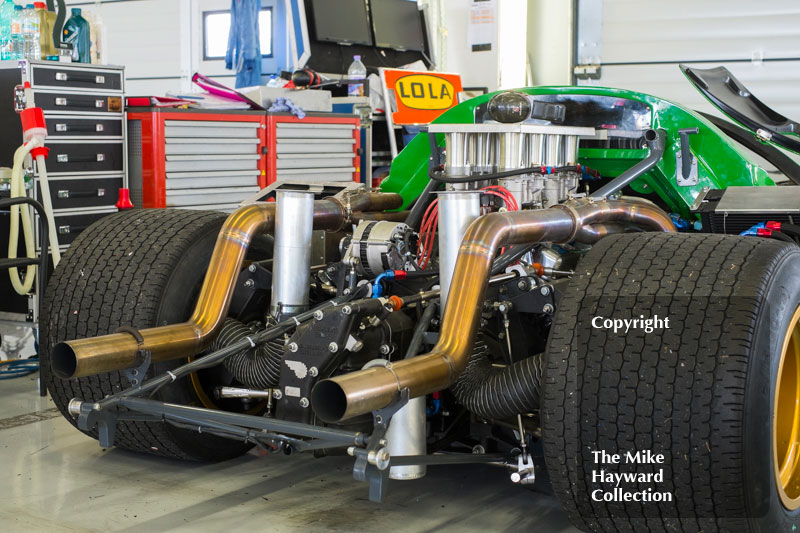 Gary Culver's Lola T70 Mk 3 in the pits during the 2016 Silverstone Classic.
