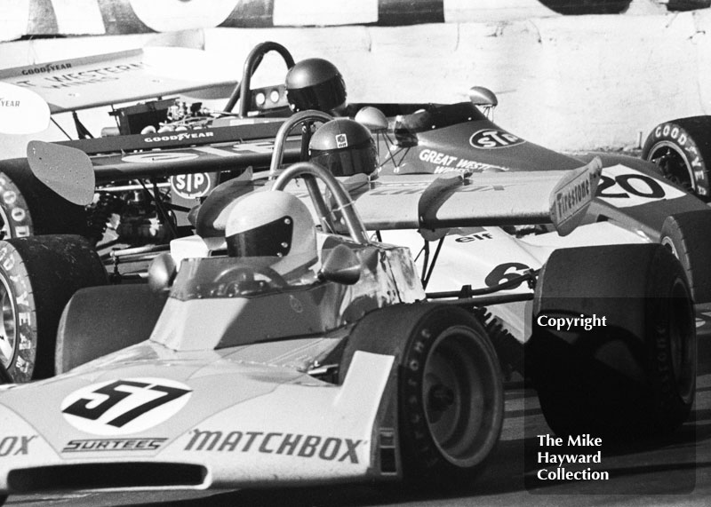 Mike Hailwood, Matchbox Team Surtees TS10-01; Jean-Pierre Jabouille, Elf Coombs Racing March 722-4; and Brett Lunger, Peter Bloore Racing March 722-11, Mallory Park, Formula 2, 1972.
