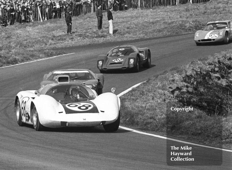 Hugh Dibley, Howmet gas turbine; Bill Bradley, Porsche Carrera 6; and John Lepp, Chevron B8; Oulton Park, Spring Cup 1968.

