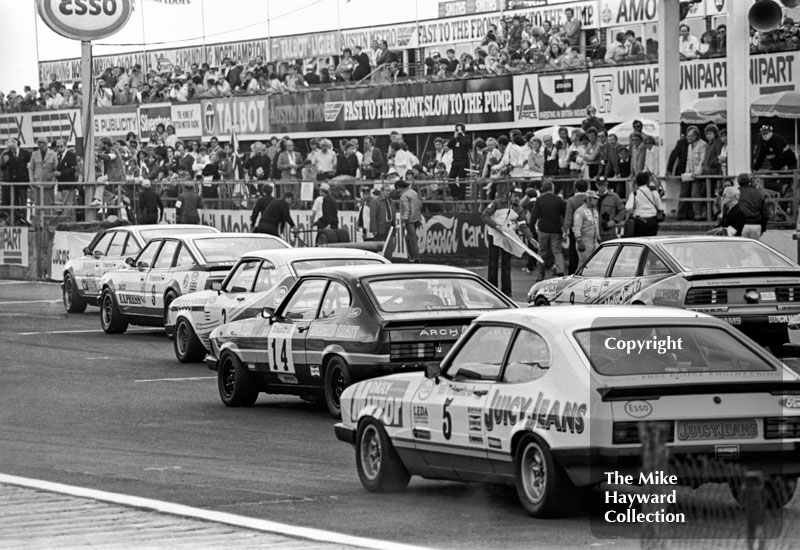 Ford Capris on the starting grid, British Touring Car Championship round, 1981 British Grand Prix, Silverstone.
