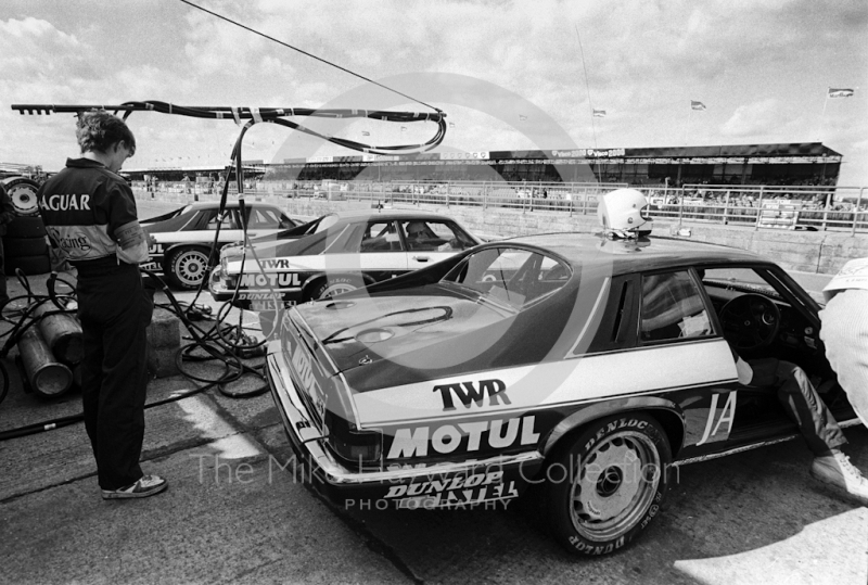 Win Percy/Chuck Nicholson,&nbsp;Enzo Calderari/David Sears and Tom Walkinshaw/Hans Heyer Jaguar XJS HEs in the pits, Istel Tourist Trophy,European Touring Car Championship, Silverstone, 1984
