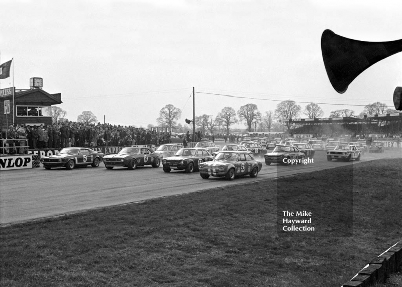 Frank Gardner, Ford Mustang, Brian Muir, Chevrolet Camaro, Chris Craft, Broadspeed Ford Escort, John Hine, Ford Escort, on the grid for the start of the race, Silverstone International Trophy meeting 1970.
