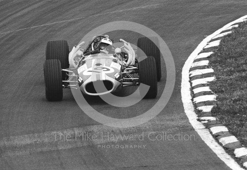 Silvio Moser, Charles Vogele Racing Team Brabham Repco, at Bottom Bend, Brands Hatch, 1968 British Grand Prix.
