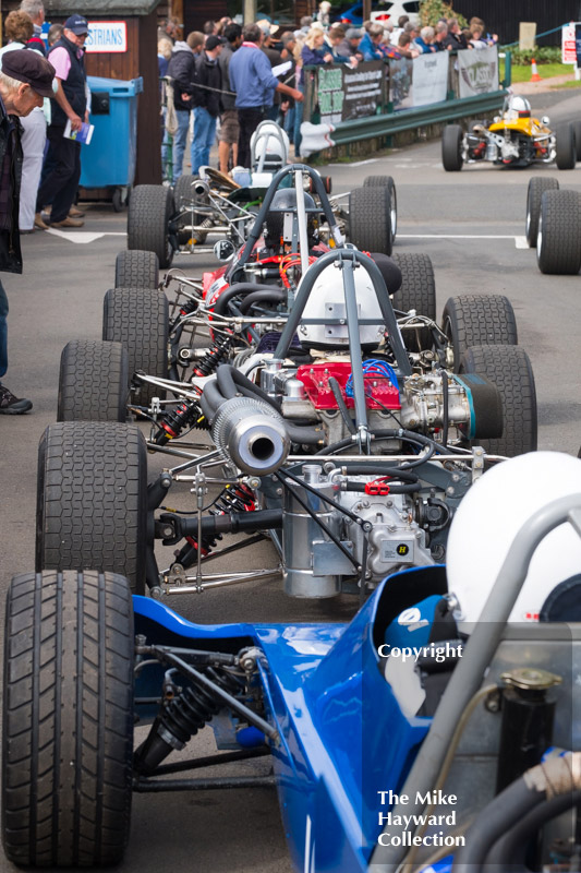 Cars lined up in the paddock, Shelsley Walsh, 2017 Classic Nostalgia, July 23.
