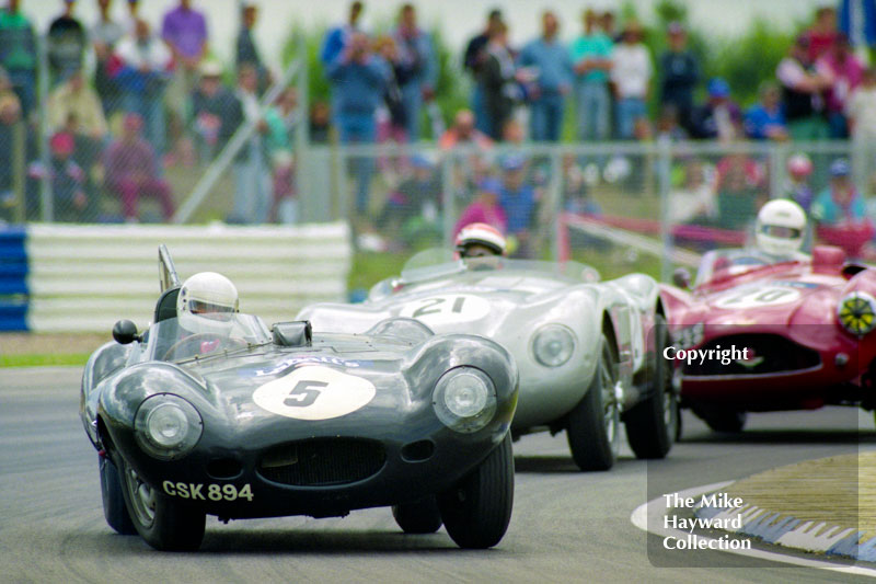 Ray Bellm (CSK 894), D-Type Jaguar, Jeffrey Pattinson (20), Aston Martin DB3, 1993 Labatts World Endurance 1950's Sports Car Race, 1993 British Grand Prix, Silverstone.
