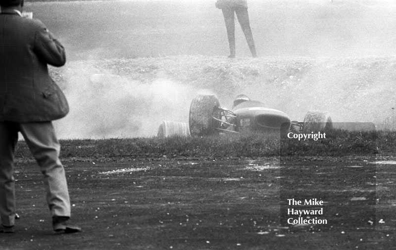 Jochen Rindt, Brabham BT23C,&nbsp;emerges from a ditch after spinning at the chicane, Thruxton, Easter Monday 1968.
