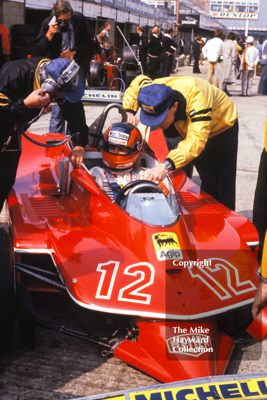 Gilles VIlleneuve, Ferrari 312T4, in the pits at the 1979 British Grand Prix.
