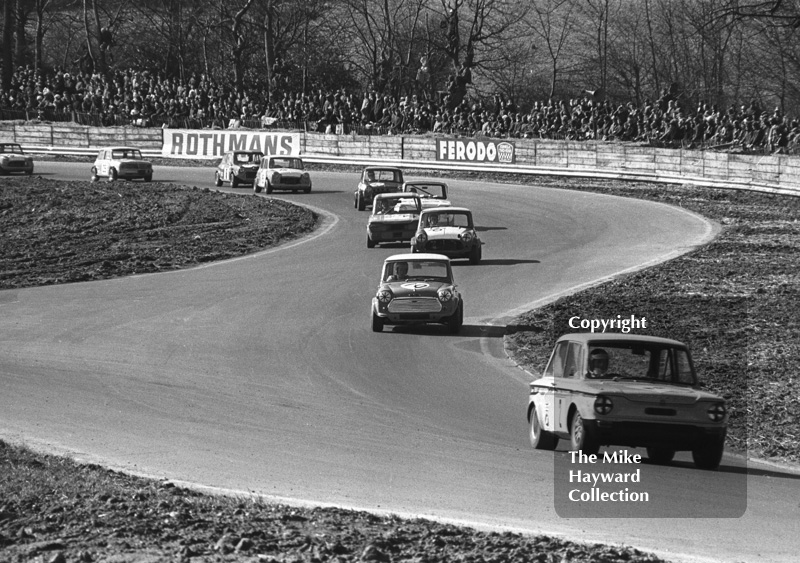 Ray Calcutt, Hillman Imp, and Peter Baldwin, Austin Mini, Forward Trust Special Saloon Car Race, Mallory Park, 1972.
