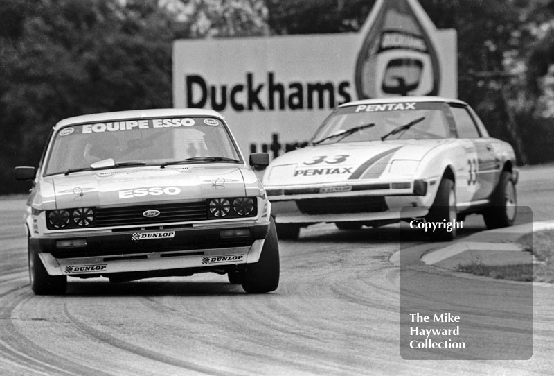 Equipe Esso Ford Capri, and Tom Walkinshaw, Pentax Mazda RX7, Tricentrol British Saloon Car Race, Donington Park, 1979
