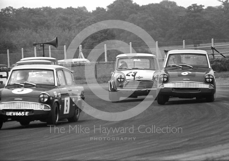 M Walker, Broadspeed Ford Escort; Chris Montague, Alexander Engineering Mini Cooper S; and L Nash, Ford Anglia; Silverstone Martini International Trophy 1968.
