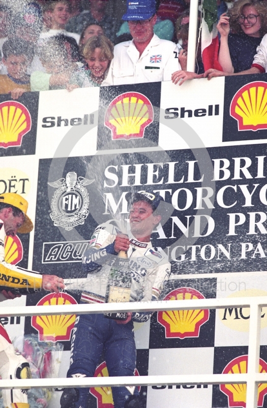 Luca Cadalora celebrates winning the 250cc Grand Prix, Donington Park, British Grand Prix 1991.