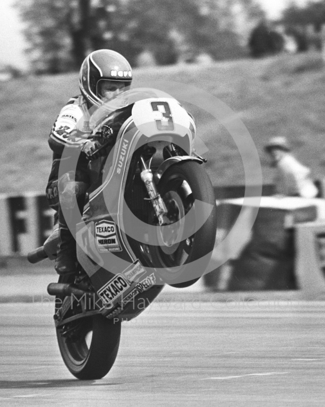  Randy Mamola pops a wheelie on his Suzuki at Donington Park, April 1982.