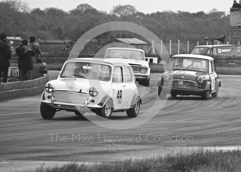 Jonathan Buncombe, Mini Cooper S, and Rob Mason, D Moore Mini Cooper S, Silverstone Martini International Trophy meeting 1969.
