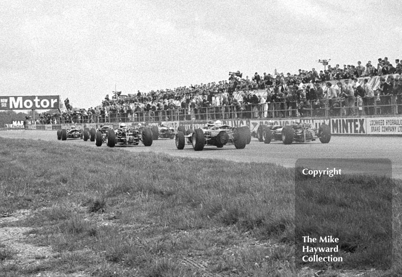 The start of the 1966 International Trophy, Silverstone, with Vic Wilson and Jo Siffert bringing up the rear.
