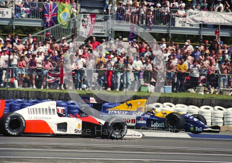 Riccardo Patrese, Williams FW14, and Gerhard Berger, McLaren MP4-6 at Copse Corner on the first lap, Silverstone, British Grand Prix 1991.
