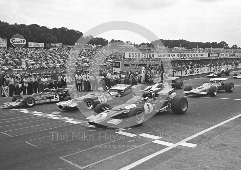 Jochen Rindt, Lotus 72C,&nbsp;Jack Brabham, Brabham BT33, and Jacky Ickx, Ferrari, 312B&nbsp;on the front row for the 1970 British Grand Prix at Brands Hatch.
